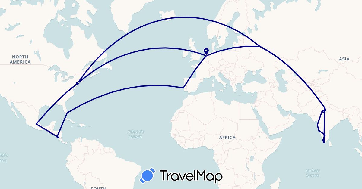 TravelMap itinerary: driving in Guatemala, India, Mexico, Nicaragua, Netherlands, Portugal, Russia, United States (Asia, Europe, North America)